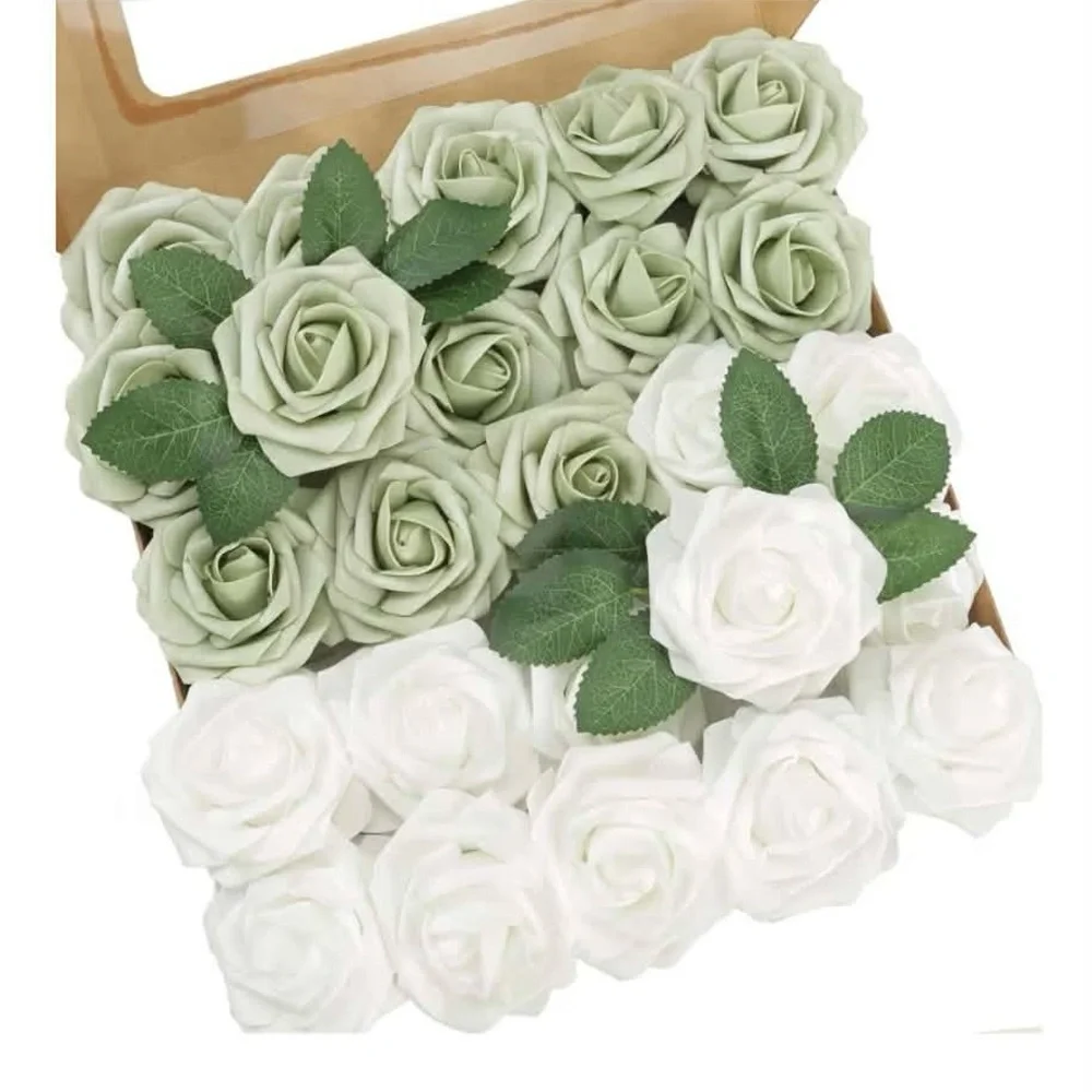 Sage green and white foam flowers with stem for home or bridal decorations